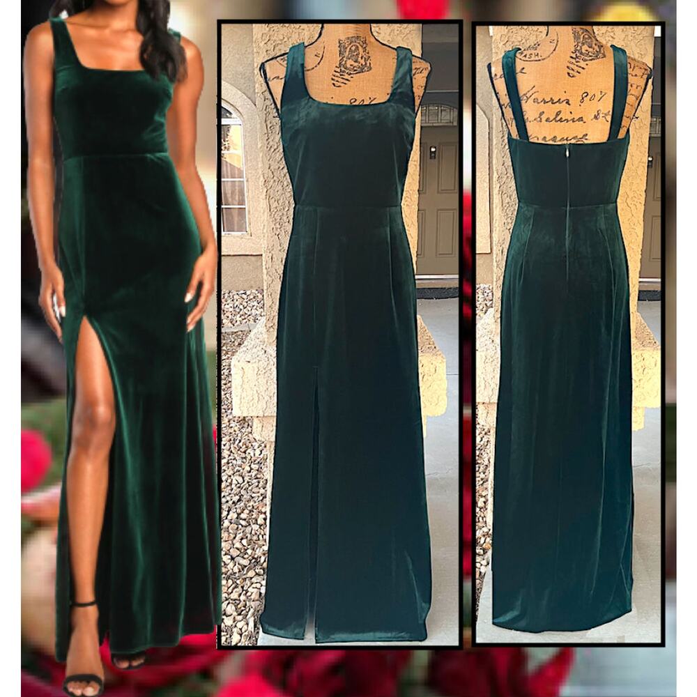Lulus Elegant Sweetie Emerald Green Velvet Square Neck Maxi Dress Size: L